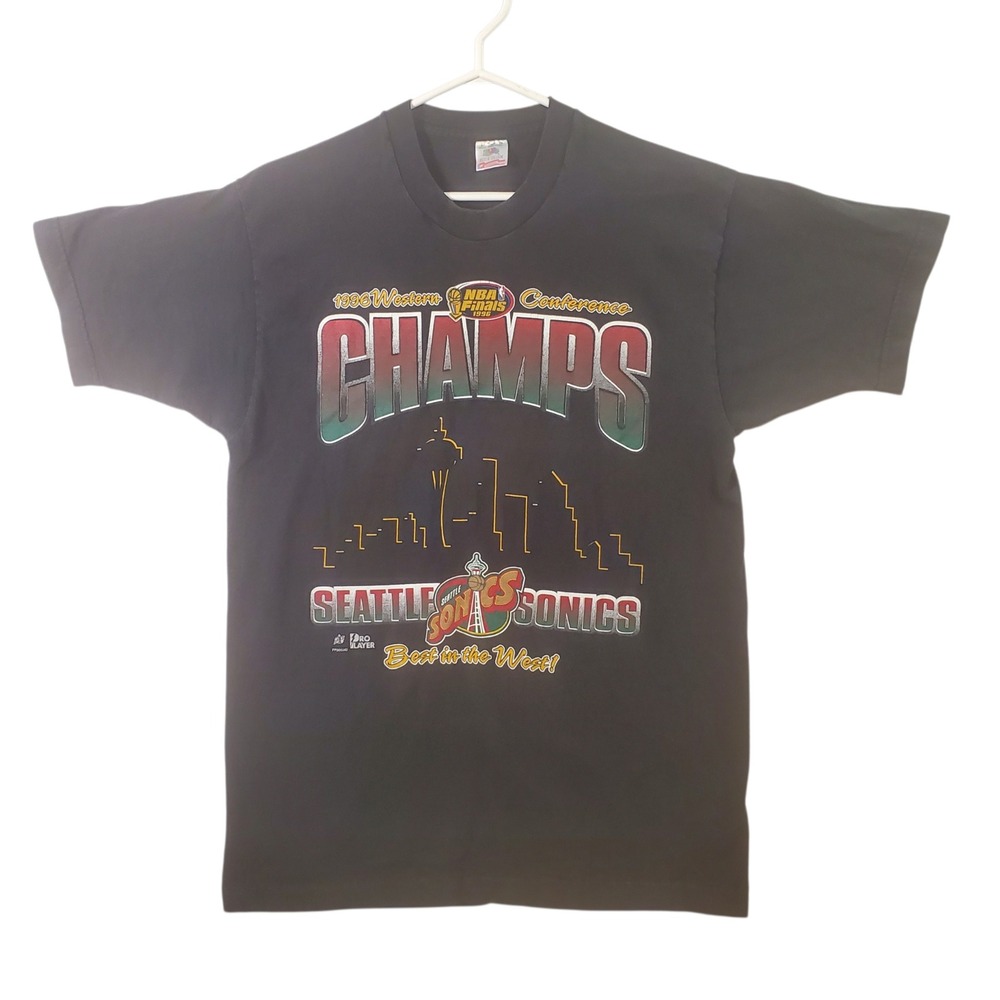 Vintage 1996 Seattle Sonics NBA Western Conference Champs Shirt Mens M Black USA